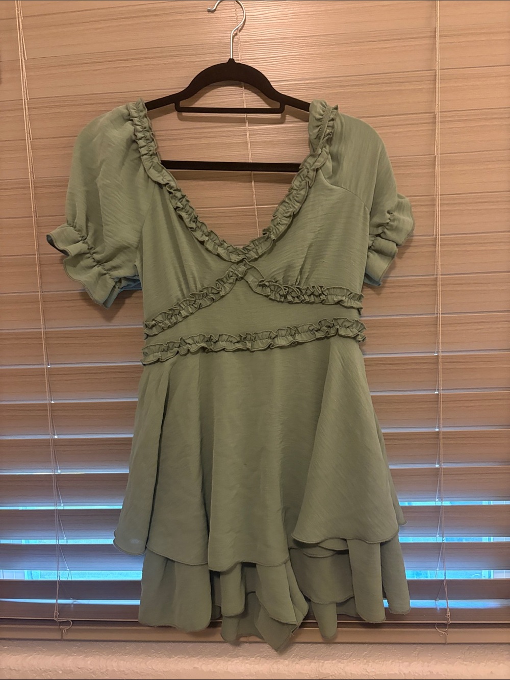 Inspired Hearts Sage Green Ruffle V-Neck Romper